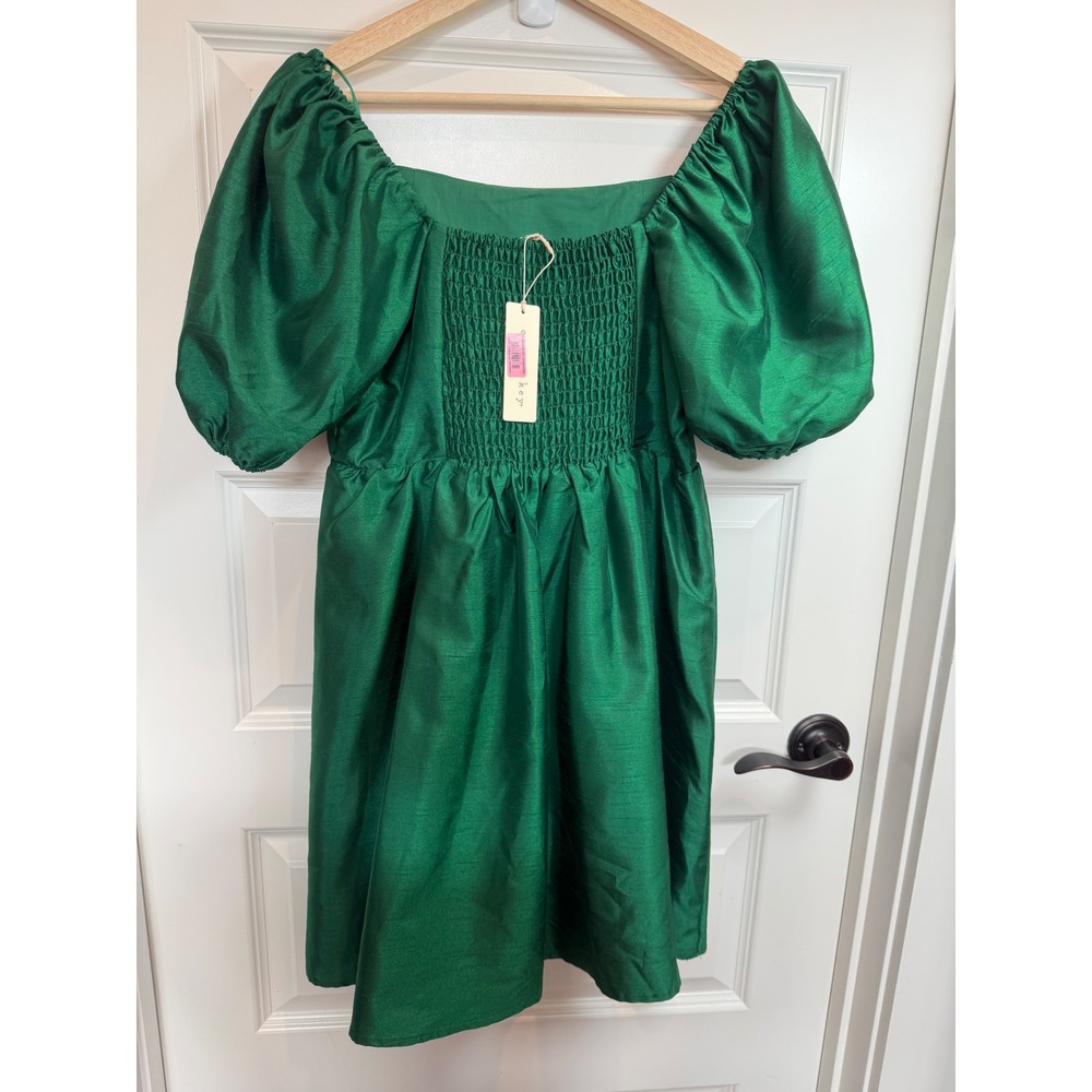 Cece Key Emerald Green Puff Sleeve Smocked Back Mini Dress CJ7929SLT1 NWT Sz M - Picture 2 of 9